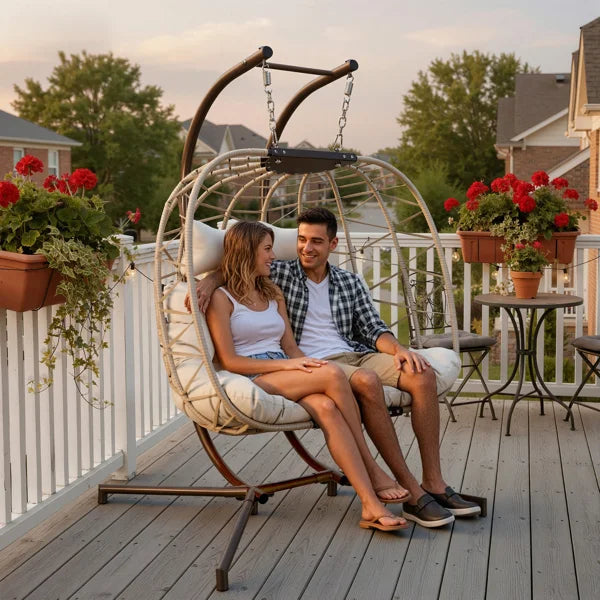 Celyne 2 Person Outdoor/Indoor Porch Swings with Stand Double Hanging Egg Chair with Cozy Cushion