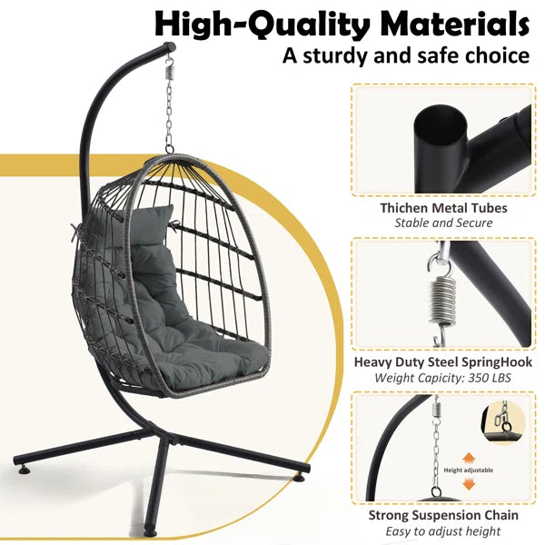 Foldable Hanging Egg Chair With Stand, Indoor/outdoor Wicker Swinging Chair
