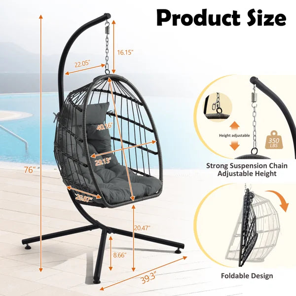 Foldable Hanging Egg Chair With Stand, Indoor/outdoor Wicker Swinging Chair