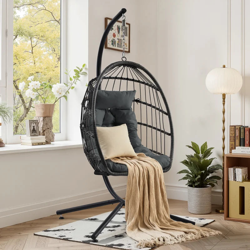 Foldable Hanging Egg Chair With Stand, Indoor/outdoor Wicker Swinging Chair